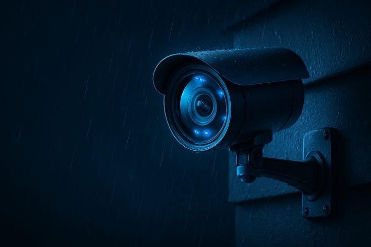 Dome CCTV camera on a ceiling beside illuminated fiber optic network cables